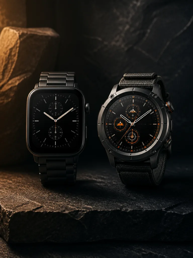 Apple Watch Ultra 2 och Garmin Fenix 8 fotograferade sida vid sida i editorial produktstil mot mörk bakgrund