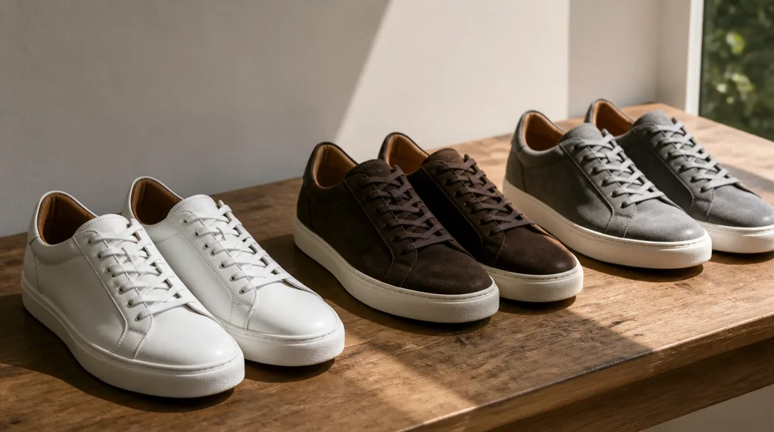 Tre par premium herrsneakers i vit läder, mörkbrun suede och grå suede på träyta i naturljus