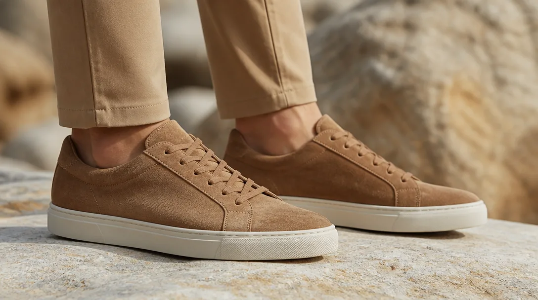 Närbild på premium herrsneakers i desert brown suede på natursten i utomhusljus