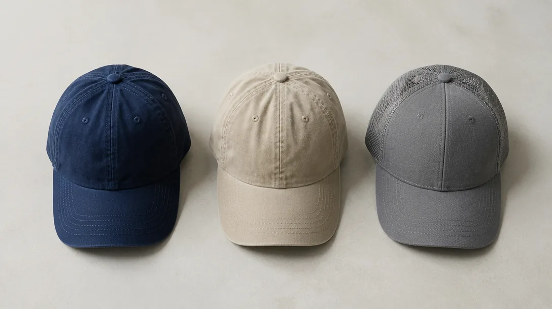 Tre herrkepar – marinblå basebollkeps, beige dad hat och grå truckerkeps – på ljust underlag