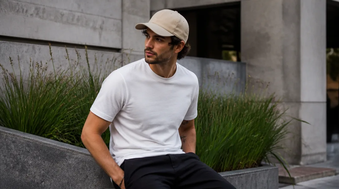 Stilsäker man med beige dad hat och vit t-shirt – herrmode accessoar