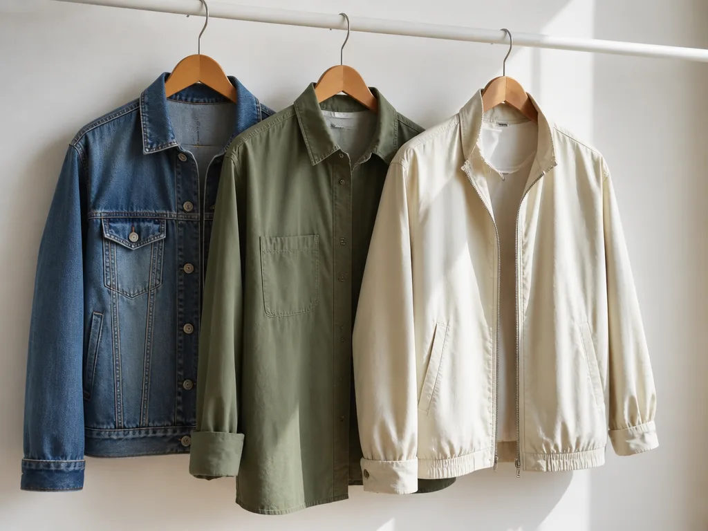 Tre sommarjackor i denim, bomull och lättviktsmaterial hängda mot vit vägg i redaktionell stil