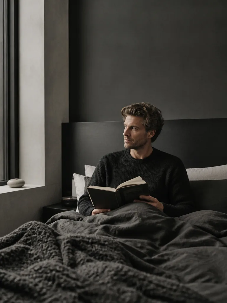 Man i 30-årsåldern i mörkt sovrum med dämpat ljus och uppslagen bok, lugn morgonscen