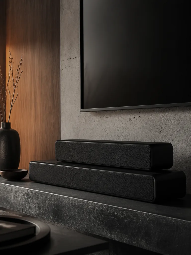 Sonos Arc Ultra och Samsung HW-Q990F soundbars fotograferade i ett vardagsrum mot en mörk TV-vägg i editorial stil