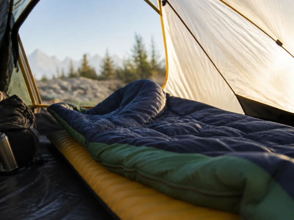Sovsäck utrullad på liggunderlag i tält under en camping- och vandringstur