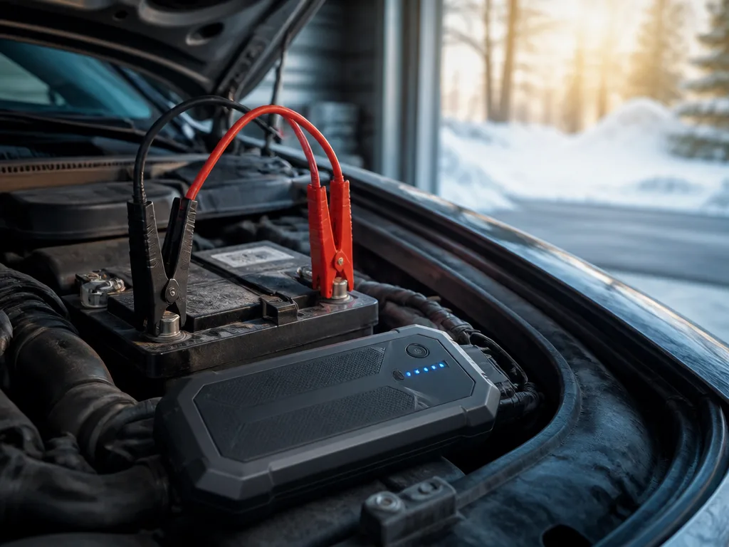 Startbooster med röda och svarta kablar kopplad till ett bilbatteri i garage en kall vintermorgon