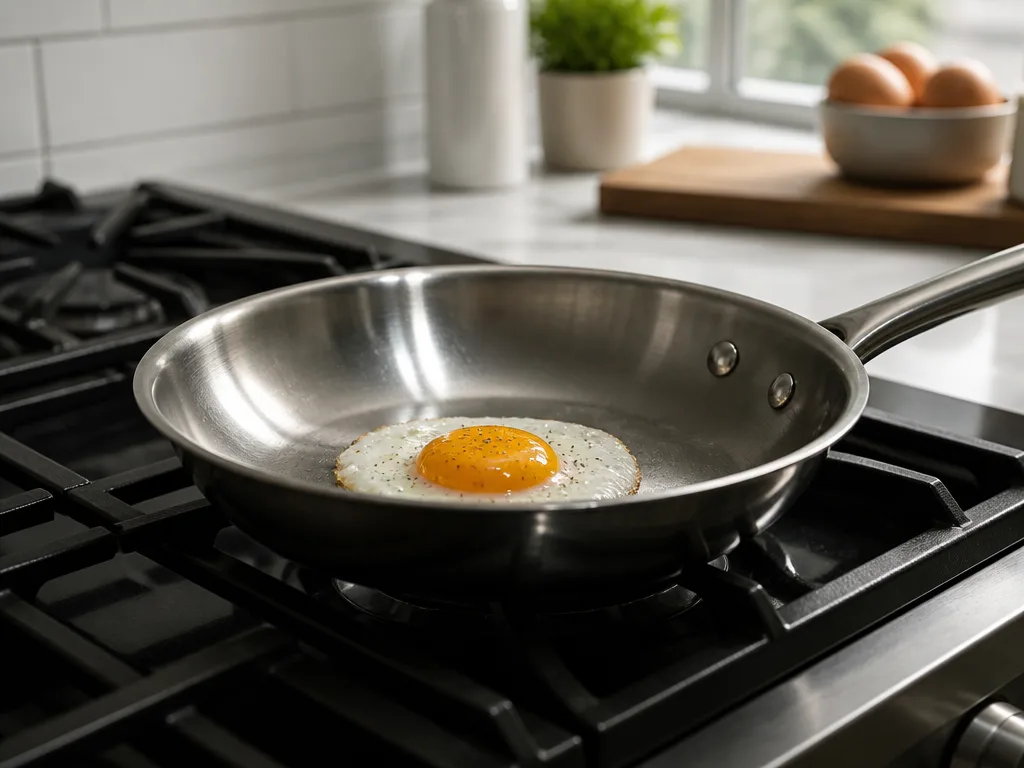 Rostfri stekpanna med ett stekt ägg på en modern spis, naturligt fönsterljus