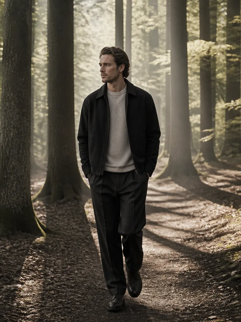 Man i 30-årsåldern på en promenad i ljus skog, lugn morgonstund med dämpat solljus mellan träden