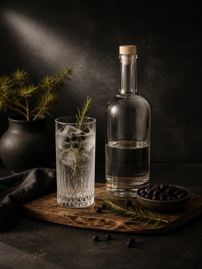 Svensk gin-flaska och G&T-glas på bardisk med enbärsbär och rosmarin, editorial stilleben