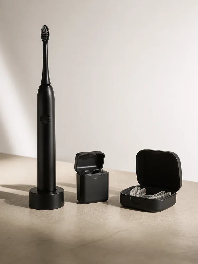 Eltandborste, tandtråd och tandblekningskit uppställda mot beige bakgrund i minimalistisk produktfotografi