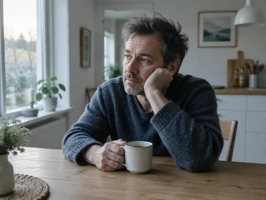 Trött medelålders man sitter vid köksbordet i morgonljus med en kaffekopp och handen mot kinden