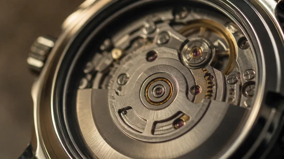 Automatiskt urverk synligt genom exhibition-baksida med mekaniska detaljer i guld och stål