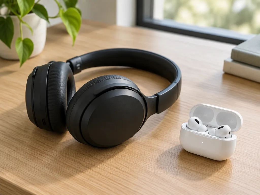 Trådlösa hörlurar i over-ear-modell och ett par små in-ear-lurar i öppet laddningsfodral på ett skrivbord i trä