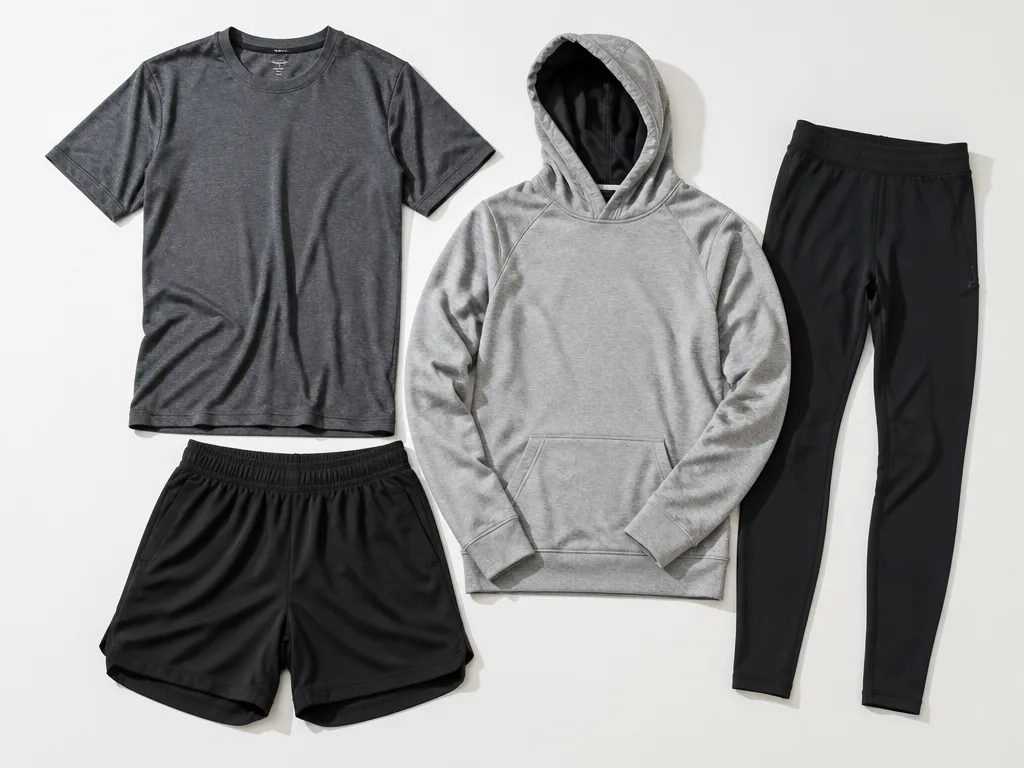 Träningskläder herr flatlay – shorts, t-shirt, hoodie och kompressiontights i polyester på vit yta