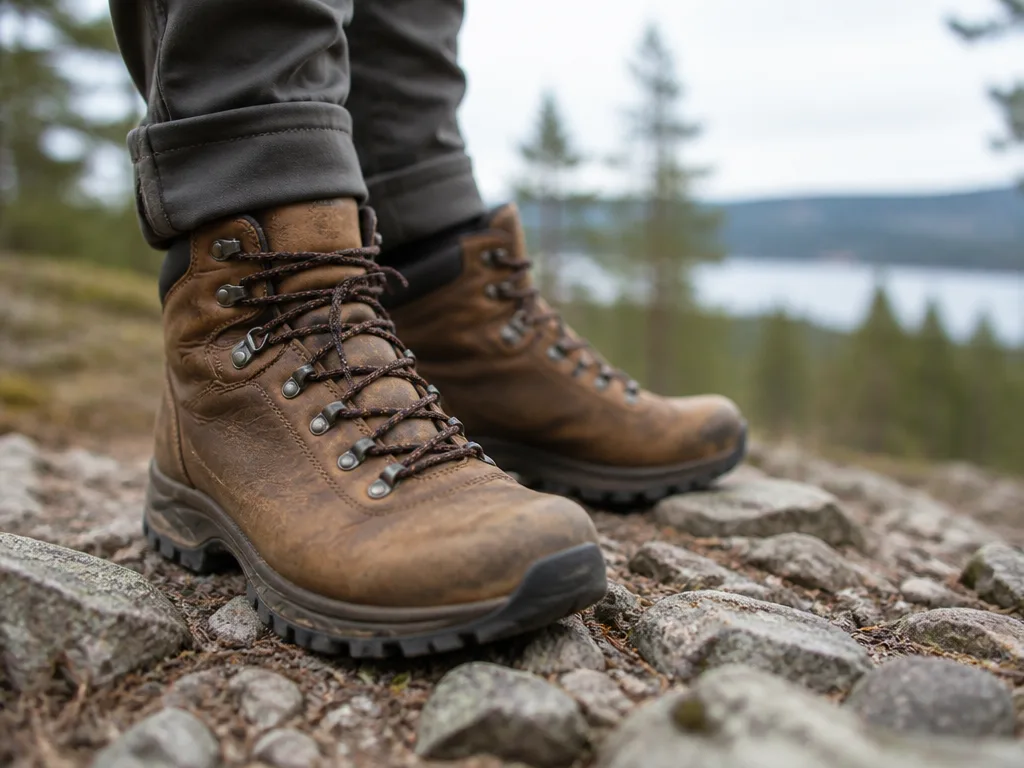 Ett par bruna vandringskängor i läder på en stig i skogsterräng