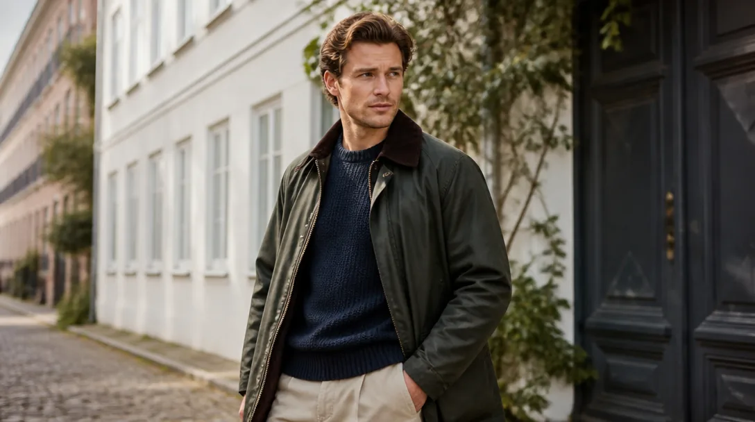 Man i klassisk olivgrön vaxad Barbour-jacka på kullerstensbelagd gata i vårljus