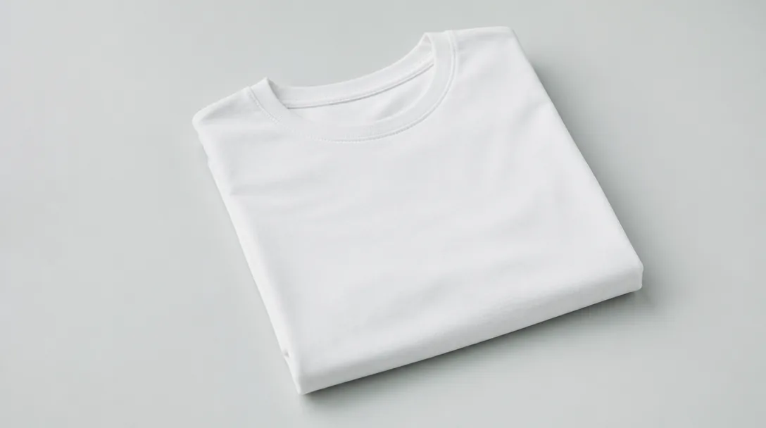 Vit bomullst-shirt noggrant vikt på ljusgrå yta – herrmode basplagg