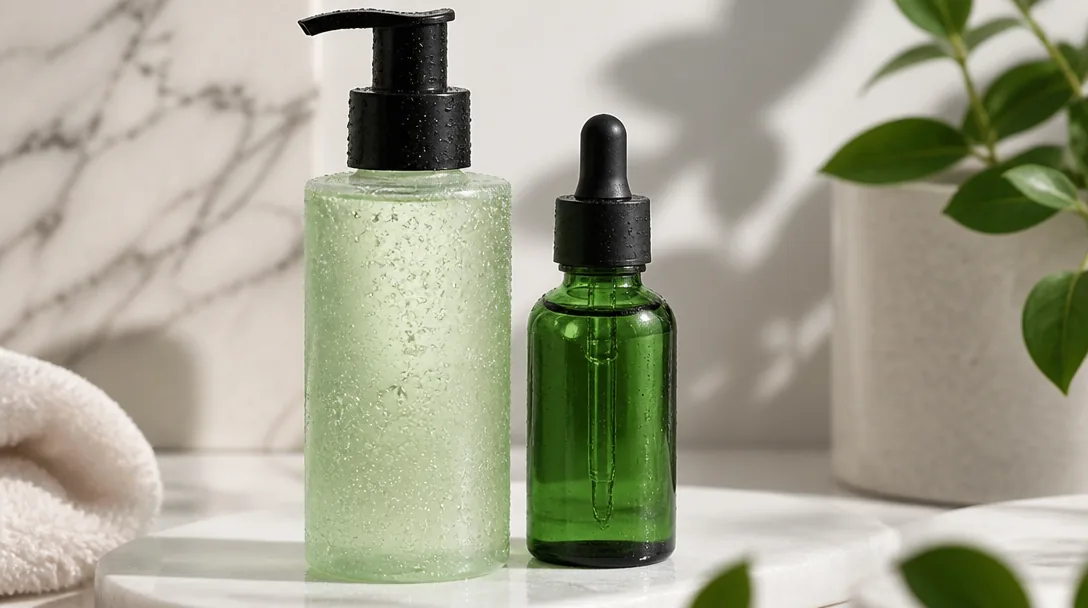 Hudvårdsprodukter mot finnar och akne uppställda på vit yta i minimalistisk produktfotografi