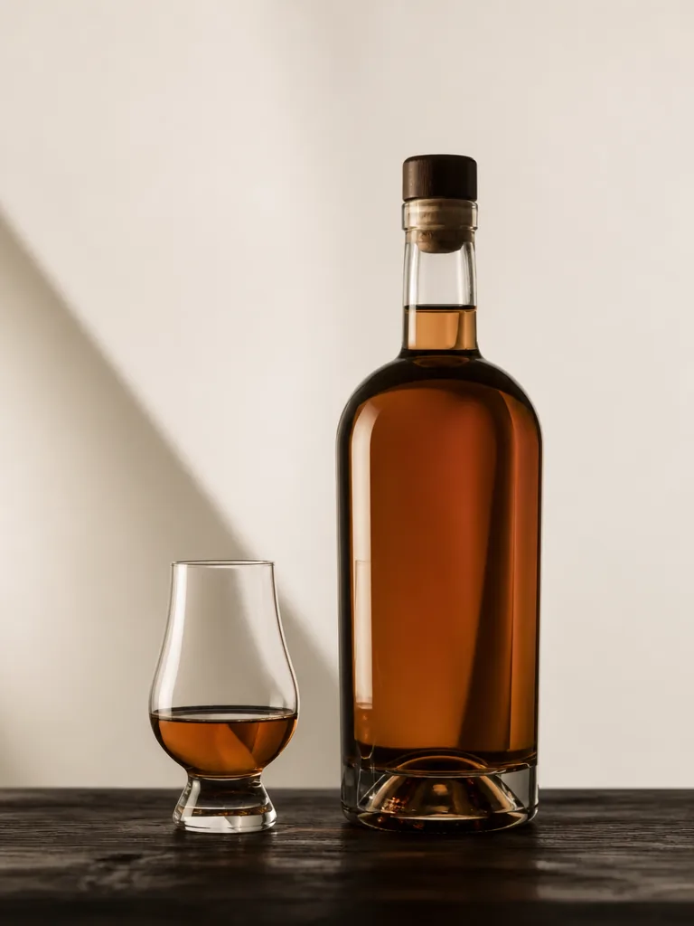 Whiskeyflaska och glas på mörk bardisk, editorial stilleben