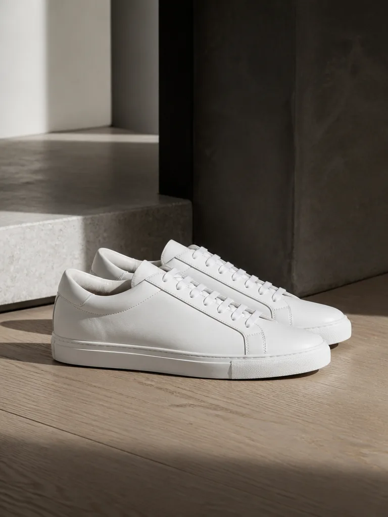 Vit läder-sneaker i minimalistisk design mot trägolv i editorial fotostil